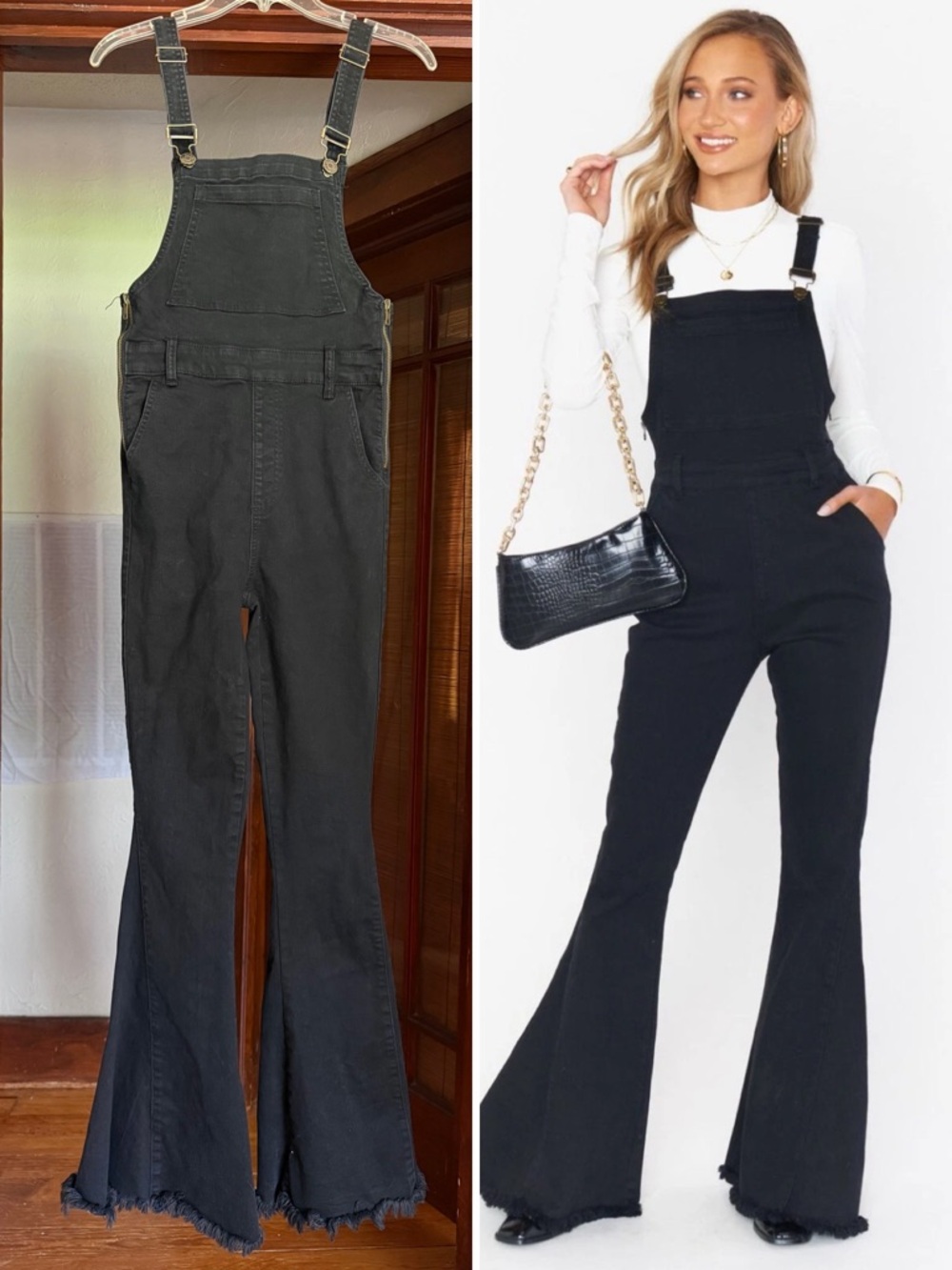 Show Me Your Mumu Womens Berkeley Bell Overalls Black Flared Frayed Hem Size S